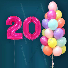 Гелиевые шары на 20 лет для женщины "Акварельный этюд", 25 шариков и малиновые цифры