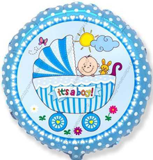 Шар с гелием  Круг, Детская коляска для мальчика, Голубой, 46 см.