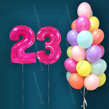 Гелиевые шары на 23 года для женщины "Акварельный этюд", 25 шариков и малиновые цифры