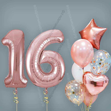 Шары на 16 лет девушке, сет "Розовое золото", 7 шариков с гелием и цифры