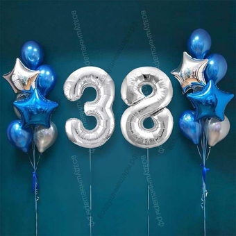 Шары на 38 лет мужчине, сет "Серебристо-синий", 14 шариков с гелием и цифры