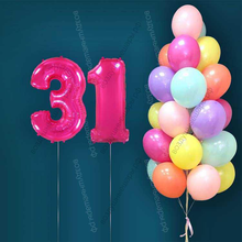 Гелиевые шары на 31 год для женщины "Акварельный этюд", 25 шариков и малиновые цифры