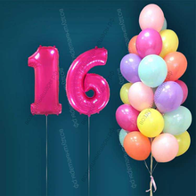 Гелиевые шары на 16 лет для девушки "Акварельный этюд", 25 шариков и малиновые цифры