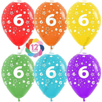 Шар с гелием  Цифра 6 (звезды), Ассорти, пастель, 5 ст, 30 см.