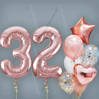 Шары на 32 года женщине, сет "Розовое золото", 7 шариков с гелием и цифры