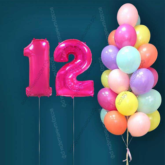 Гелиевые шары на 12 лет для девочки "Акварельный этюд", 25 шариков и малиновые цифры