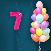 Гелиевые шары на 7 лет для девочки "Акварельный этюд", 25 шариков и малиновая цифра