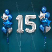 Шары на 15 лет парню, сет "Серебристо-синий", 14 шариков с гелием и цифры