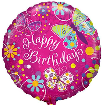 Шар с гелием  Круг, С Днем рождения , бабочки, 46 см.