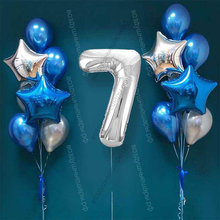 Шары на 7 лет мальчику, сет "Серебристо-синий", 14 шариков с гелием и цифра
