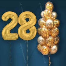 Шары с гелием на 28 лет, сет "Золотой Хром", 19 гелиевых шариков и золотые цифры