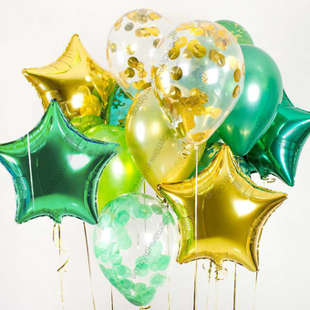 Букет гелиевых шаров "Изумрудный микс" с зелеными и золотыми звездами, 10 шаров + 4 звезды