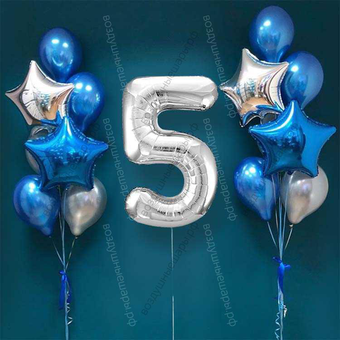 Шары на 5 лет мальчику, сет "Серебристо-синий", 14 шариков с гелием и цифра