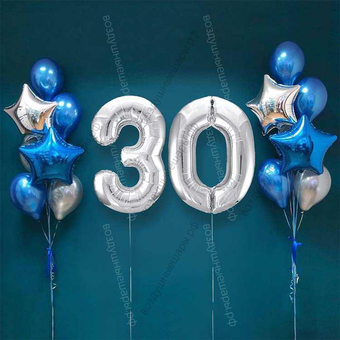Шары на 30 лет мужчине, сет "Серебристо-синий", 14 шариков с гелием и цифры