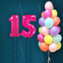 Гелиевые шары на 15 лет для девушки "Акварельный этюд", 25 шариков и малиновые цифры