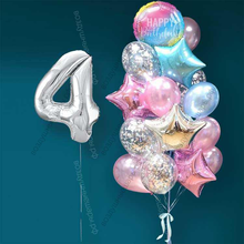Гелиевые шарики на 4 года девочке "Розово-голубое мерцание", 20 шаров и серебристая цифра
