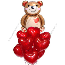 Букет больших гелиевых сердец с Мишкой на День влюбленных