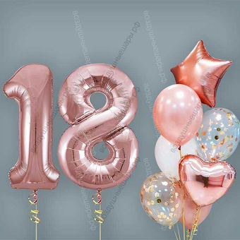 Шары на 18 лет девушке, сет "Розовое золото", 7 шариков с гелием и цифры