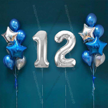 Шары на 12 лет мальчику, сет "Серебристо-синий", 14 шариков с гелием и цифры
