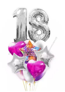 Малиново-серебристый букет шаров и две цифры на выбор