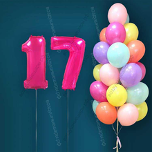 Гелиевые шары на 17 лет для девушки "Акварельный этюд", 25 шариков и малиновые цифры