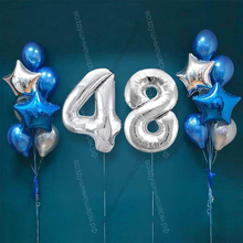 Шары на 48 лет мужчине, сет "Серебристо-синий", 14 шариков с гелием и цифры