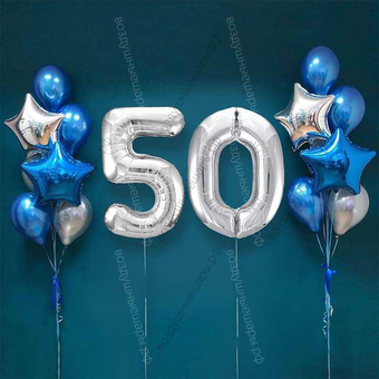 Шары на 50 лет мужчине, сет "Серебристо-синий", 14 шариков с гелием и цифры