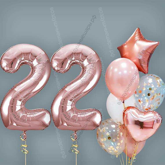 Шары на 22 года женщине, сет "Розовое золото", 7 шариков с гелием и цифры