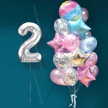 Гелиевые шарики на 2 года девочке "Розово-голубое мерцание", 20 шаров и серебристая цифра