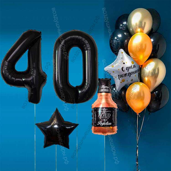 Оформление шарами на 40 лет с бутылкой виски и черными цифрами Black Label