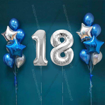 Шары на 18 лет парню, сет "Серебристо-синий", 14 шариков с гелием и цифры