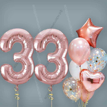 Шары на 33 года женщине, сет "Розовое золото", 7 шариков с гелием и цифры