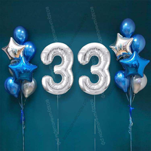 Шары на 33 года мужчине, сет "Серебристо-синий", 14 шариков с гелием и цифры